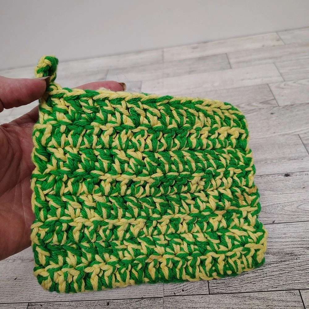 Bundled Set of 2 Handmade Crochet Potholders Green and Yellow Kitchen Decor